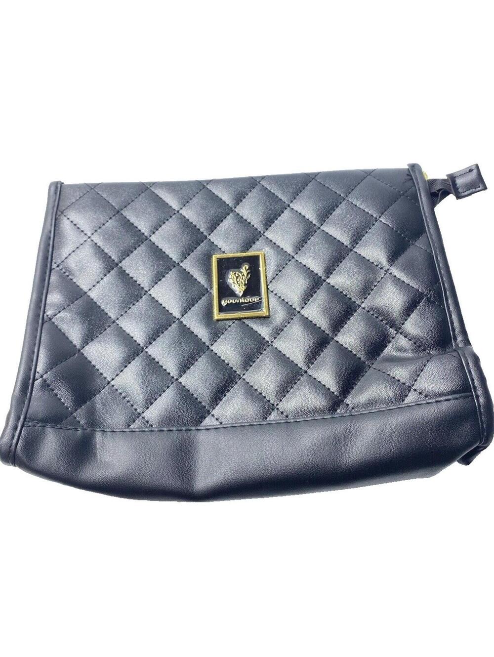 Younique Quilted Black Faux Leather Makeup Bag/purse no chain strap! New